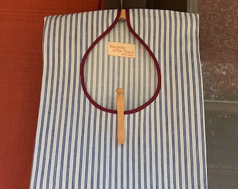 Clothes Pin Bag, Vintage Style W/Removable Wooden Hanger in Hardcore Working Man's Blue & White Stripe Fabric. A Great Gift! Handmade in USA