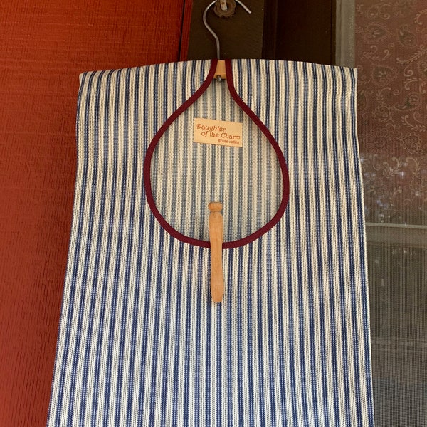 Clothes Pin Bag, Vintage Style W/Removable Wooden Hanger in Hardcore Working Man's Blue & White Stripe Fabric. A Great Gift! Handmade in USA