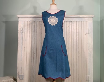 Womens Full Apron Handmade, Retro Style, Denim, Large Pockets, Full Back Coverage, Ties & Scalloped Hem. Makes A Great Gift. USA Made