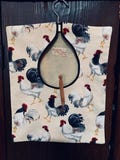 Clothes Pin Bag Durable Off-White Cotton Rooster Print. Removable Wooden Hanger. 11 1/2" x 16".  Handmade in USA.