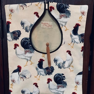 Clothes Pin Bag Durable Off-White Cotton Rooster Print. Removable Wooden Hanger. 11 1/2" x 16".  Handmade in USA.