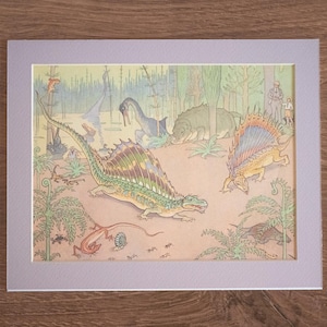 1944 &quot;Permian Reptiles&quot; Rare Lithograph by E. Boyd Smith in Custom 8x10 Mat - Original Vintage Illustration - Dinosaur Paleoart