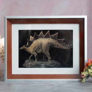 Stegosaurus in Silver Shadowbox Frame - 9.75x7.75 Vintage Framed Print - 1980s Dinosaur Paleoart Illustration