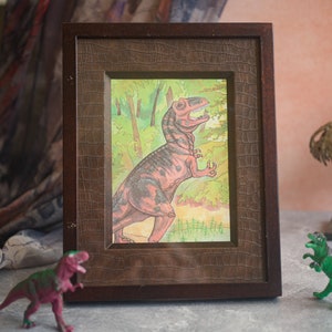 Allosaurus Illustration in Leather-Matted Frame - 8.75x11.25 Vintage Framed Paleoart - 1990s Dinosaur Artwork