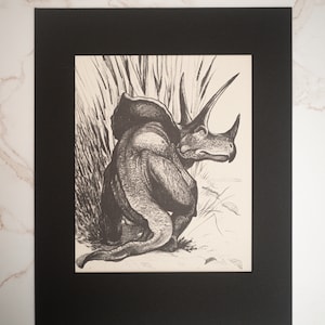 1954 &quot;Triceratops&quot; by William Scheele in Black Custom 11x14 Mat - Rare Original Vintage Paleoart Print  - Unique Dinosaur Illustration