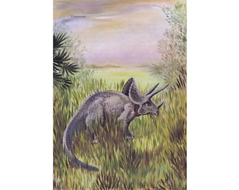 1959 "Triceratops"- Original 8.25 x12 Vintage Print - Prehistoric Dinosaur Illustration