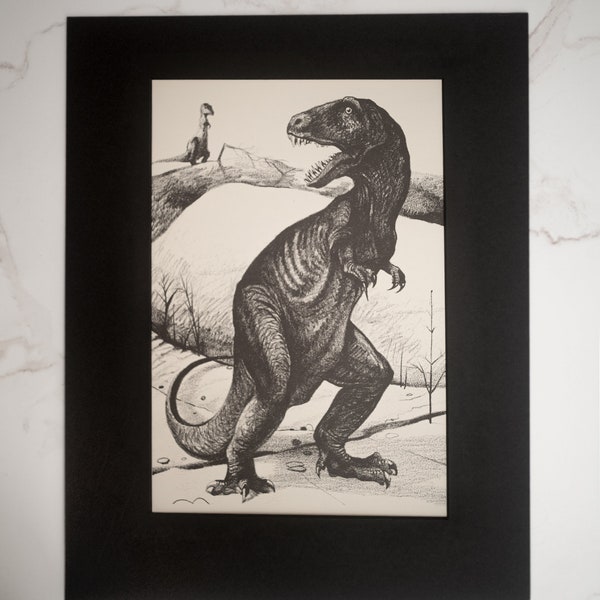 1954 "Tyrannosaurus" by William Scheele in Black Custom 11x14 Mat - Original Vintage Paleoart Print  - Unique Dinosaur Illustration