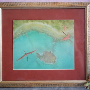 Pterosaur Soaring Over Water in Textured Frame with Mat - 14.5x16.25 Vintage Framed Paleoart Print - 1990s Pterosaur Illustration