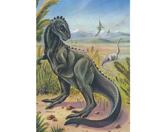 1959 "Allosaurus"- Original 8.25 x12 Vintage Print - Prehistoric Dinosaur Illustration