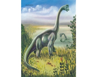 1959 "Brachiosaurus"- Original 8.25 x12 Vintage Print - Prehistoric Dinosaur Illustration