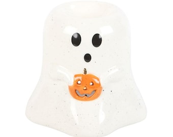 Cute Halloween Ghost with Pumpkin Ceramic Tealight Wax Melt Warmer 11x11x11