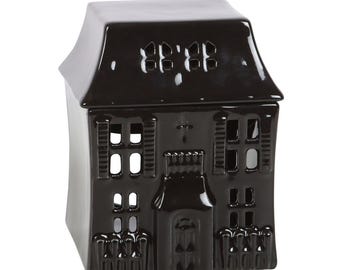 Halloween Haunted House Ceramic Tealight Wax Melt Warmer in Black with Lid 11x9x9