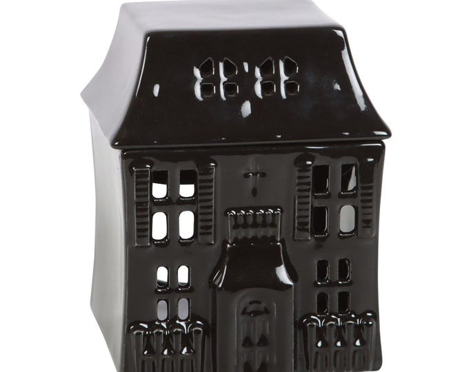 Halloween Haunted House Ceramic Tealight Wax Melt Warmer in Black with Lid 11x9x9