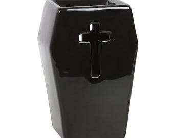 Black Gothic Coffin with Cross Ceramic Tea light Wax Melt Warmer 15x10x7
