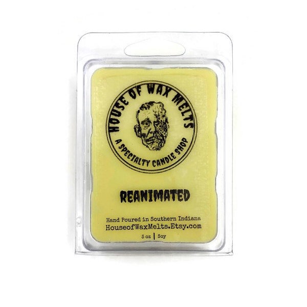 Uplifting Lime, Neroli, and Olibanum Scented, Horror Themed Wax Melts - Reanimated by House of Wax Melts - For Use in Warmer