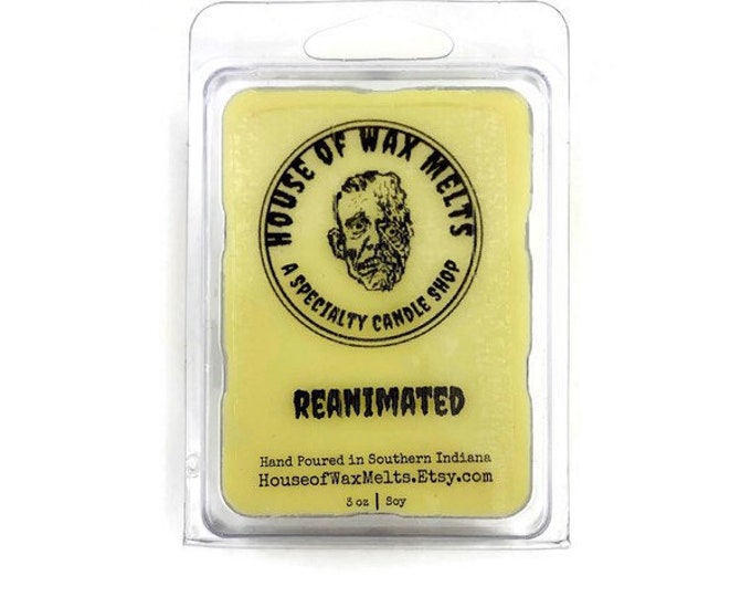 Uplifting Lime, Neroli, and Olibanum Scented, Horror Themed Wax Melts - Reanimated by House of Wax Melts - For Use in Warmer