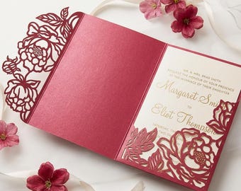 Tri-Fold Peonies 5x7 Wedding Invitation Pocket Envelope SVG Template, Quinceanera card, laser cut file, Silhouette Cameo, Cricut