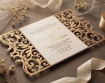 Gate-fold Wedding Invitation Card Template, 5x7 Quinceanera, laser cut, Vector SVG, DXF, EPS cutting file, Silhouette Cameo, Cricut