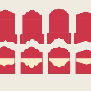 May include: Eight red envelopes with different decorative edges. Some envelopes have a cream-colored inner flap.