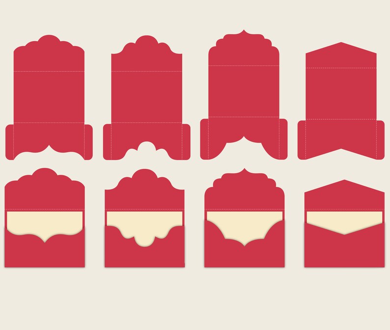May include: Eight red envelopes with different decorative edges. Some envelopes have a cream-colored inner flap.