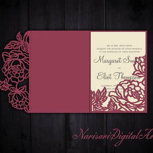 Dreifach gefaltete Pfingstrosen 5x7 Hochzeitseinladung Taschenumschlag SVG-Vorlage, Quinceanera-Karte, Laser geschnittene Datei, Silhouette Cameo, Cricut