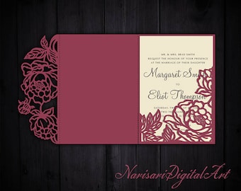 Tri-Fold Peonies 5x7 Wedding Invitation Pocket Envelope SVG Template, Quinceanera card, laser cut file, Silhouette Cameo, Cricut