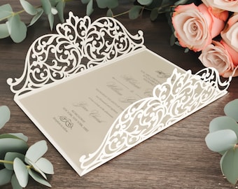 Plantilla de tarjeta de corte láser de invitación de boda plegable en puerta 5x7, archivo de corte SVG DXF de encaje adornado, Cameo de silueta, descarga digital Cricut