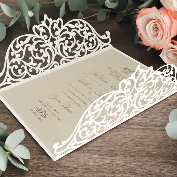 5x7 Gate-fold Wedding Invitation laser cut Card Template, Ornate lace SVG DXF cutting file, Silhouette Cameo, Cricut Digital download