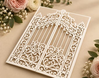 Invito di nozze pieghevole con porta decorata in formato SVG, invito tagliato al laser, elegante modello di biglietto con cancello gotico e arco, file per Cricut e Silhouette 5x7