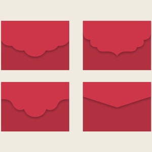 May include: Four red envelopes with different decorative designs. The envelopes are all the same size and shape, and they are arranged in a grid pattern.