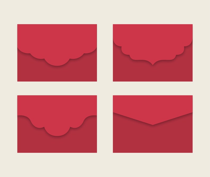 May include: Four red envelopes with different decorative designs. The envelopes are all the same size and shape, and they are arranged in a grid pattern.