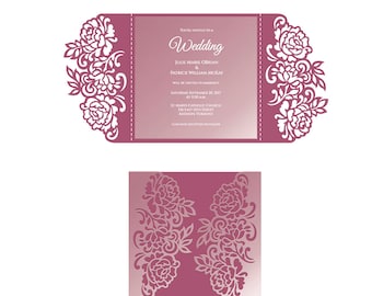 Plantilla de tarjeta de encaje floral de invitación de boda, archivo de corte SVG de peonías 6x6, patrón de corte láser, Silhouette Cameo, Cricut