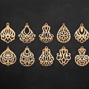 May include: Ten gold-colored metal earring designs with intricate cut-out patterns. The earrings are all different shapes and sizes, but they all have a delicate and feminine look.