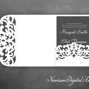 Tri-Fold pocket envelope 5x7 Wedding Invitation SVG Template, lace laser cut file, Silhouette Cameo, Cricut