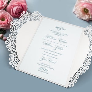SVG Gate-fold Hochzeitseinladung Laser geschnittene Vorlage, Spitzendeckchenkarte SVG DXF Schneidedatei, Silhouette Cameo, Cricut