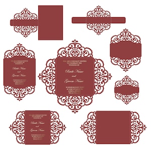 Set Cricut-Hochzeitseinladungsvorlage, Gate-Fold-Karte/Bauchband. Menü, RSVP SVG, DXF, Silhouette Cameo, Laser geschnitten
