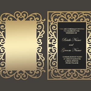 Ornamentale lasergeschnittene Hochzeitseinladungskarten-Rahmenvorlage 5x7 Vektor DXF SVG PLT-Dateien, für Silhouette Cameo, Cricut-Schneiddateien