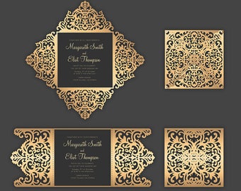 Laser cut Four Fold card pattern, Wedding Invitation 5x5'', SVG, DXF, CDR Template, Quinceanera, Silhouette Cameo, Cricut