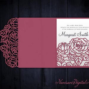 Tri-Fold rosas 5x7 invitación de boda sobre de bolsillo plantilla SVG, tarjeta de quinceañera, archivo cortado por láser, Silhouette Cameo, Cricut