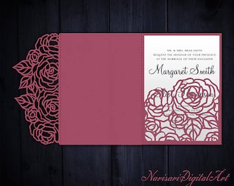 Tri-Fold roses 5x7 Wedding Invitation Pocket Envelope SVG Template, Quinceanera card, laser cut file, Silhouette Cameo, Cricut