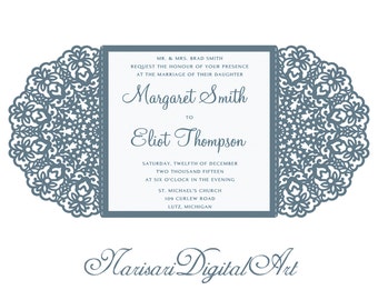 Plantilla de tarjeta de encaje de invitación de boda, invitación de quinceañera, archivo de corte SVG, troquelado, patrón de corte láser, Silhouette Cameo, Cricut