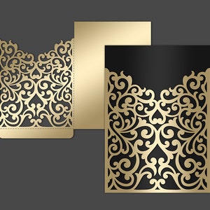 5x7 Lasergeschnittener Taschenumschlag für Hochzeitseinladungen, SVG, Ai, CDR, Eps, PDF-Vorlage, Silhouette Cameo, digitale Cricut-Schneiddatei