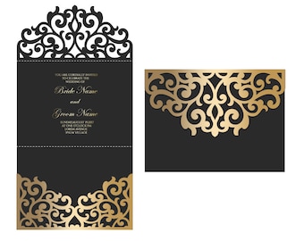 Horizontal Tri Fold 5x7 Wedding Invitation Pocket Envelope SVG Template, ornamental design, laser cut file, Silhouette Cameo, Cricut cutting