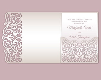 Tri Fold 5x7 Wedding Invitation Pocket Envelope SVG Template, ornamental lace edge design, laser cut file, Silhouette Cameo, Cricut