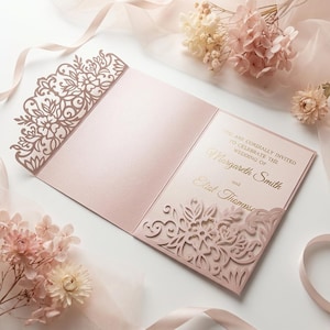 三つ折り花柄5x7インチ結婚式招待状ポケット封筒SVGテンプレート、花柄レースエッジデザイン、レーザーカットファイル、Silhouette Cameo、Cricut