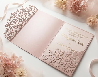 Tri Fold Floral 5x7 Wedding Invitation Pocket Envelope SVG Template, floral lace edge design, laser cut file, Silhouette Cameo, Cricut