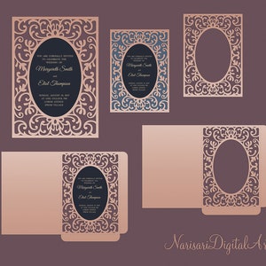 SVG Ornamental frame Wedding Invitation Pocket Envelope 5x7 template, openwork laser cut file, Silhouette Cameo, Cricut digital download
