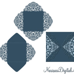 May include: A set of three blue laser cut wedding invitation envelopes with intricate floral designs. The envelopes are designed to be used for a wedding invitation card.