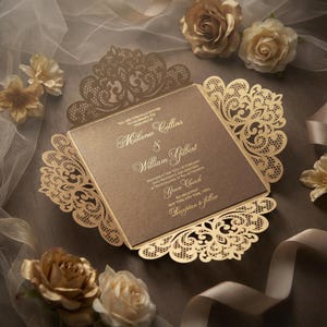 SVG Wedding invitation four fold - (dxf ai cdr eps) 6x6 Square Ornate Card Pattern Template, Laser Cut, Cricut Silhouette Cameo