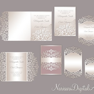 Conjunto de convite de casamento cortado a laser, modelo Cricut, dobra de portão, envelope de bolso triplo, faixa de barriga, menu, SVG, DXF, Silhouette Cameo